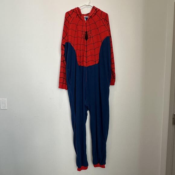 Marvel Spider-Man One-piece Pajamas Mens L/XL Red Blue Hooded Fleece Zip Costume - Picture 1 of 13